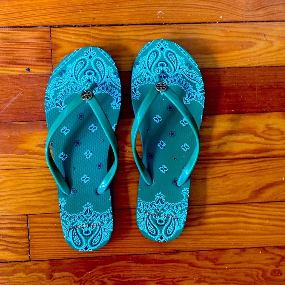 Tory Burch Green Bandanna Flip Flops